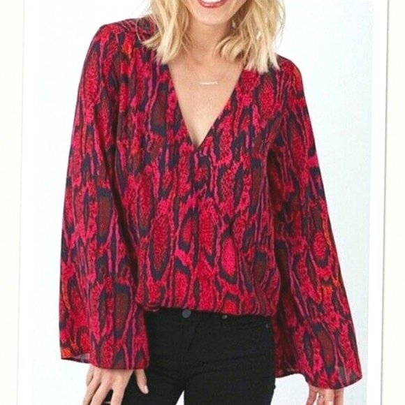 Eight Sixty Pink/Blue Snake Print Long Bell Sleeve Wrap Front V Neck Blouse S - Picture 2 of 9